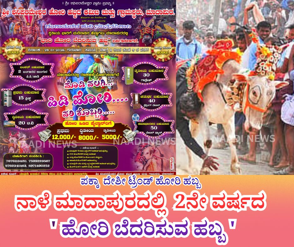 NAADI NEWS 20260128 192436 0000 ನಾಳೆ ಮಾದಾಪುರದಲ್ಲಿ 2ನೇ ವರ್ಷದ ಹೋರಿ ಬೆದರಿಸುವ ಹಬ್ಬ